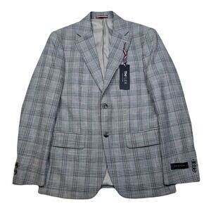 Tommy Hilfiger Conrad Sport Coat Mens 36S 36 Light‎ Grey Blue Plaid Stretch $295